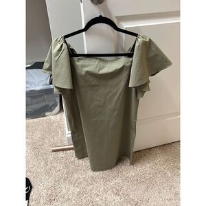 Boutique Army Green Ruffle Puff Sleeve Straight Neck Sheath Shift Dress